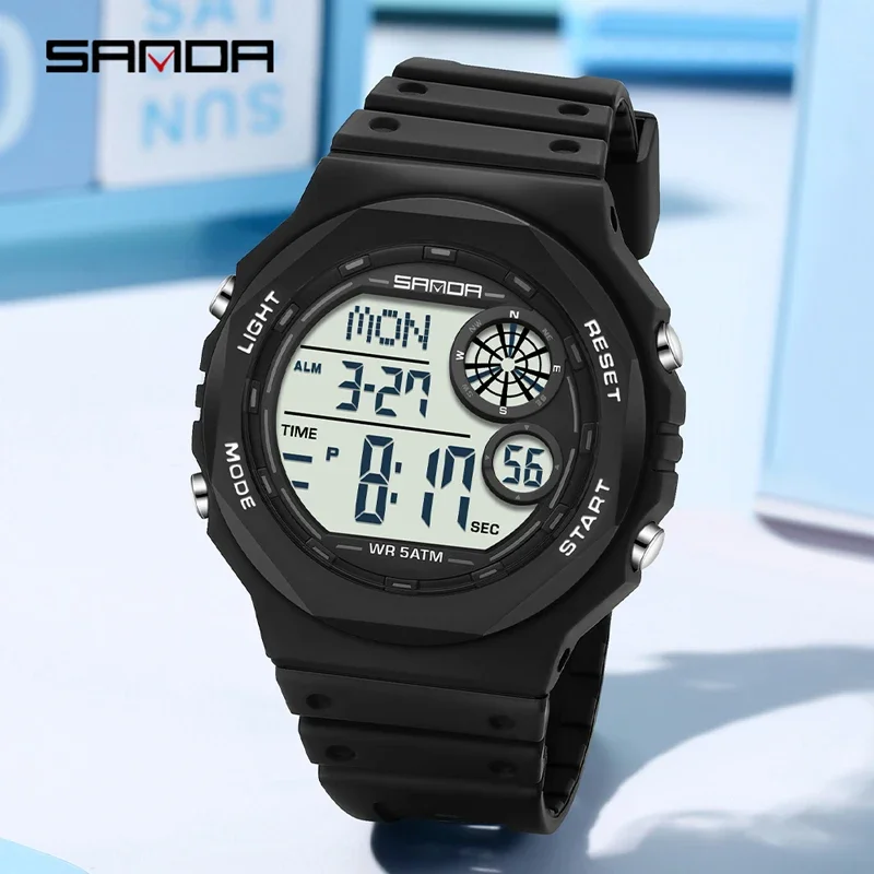 SANDA SD6259 ساعة إلكترونية عصرية بتقويم منبه مقاومة للصدمات وحزام سيليكون مقاوم للماء ساعة يد رقمية رياضية