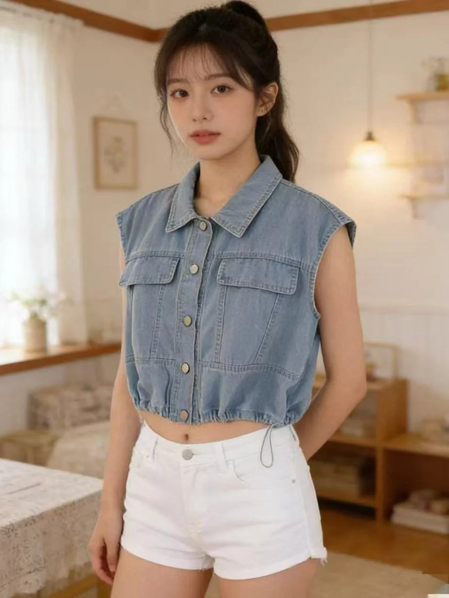 Retro Washed Loose Short Sleeveless Denim Jacket Women's Drawstring Waist Cinched Shoulder Top Double Pocket Open Cardigan