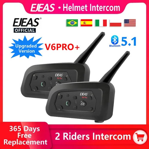 Auriculares intercomunicador EJEAS V6 PRO Bluetooth para motocicleta, intercomunicador de 6 pasajeros de 1200m + férula de metal