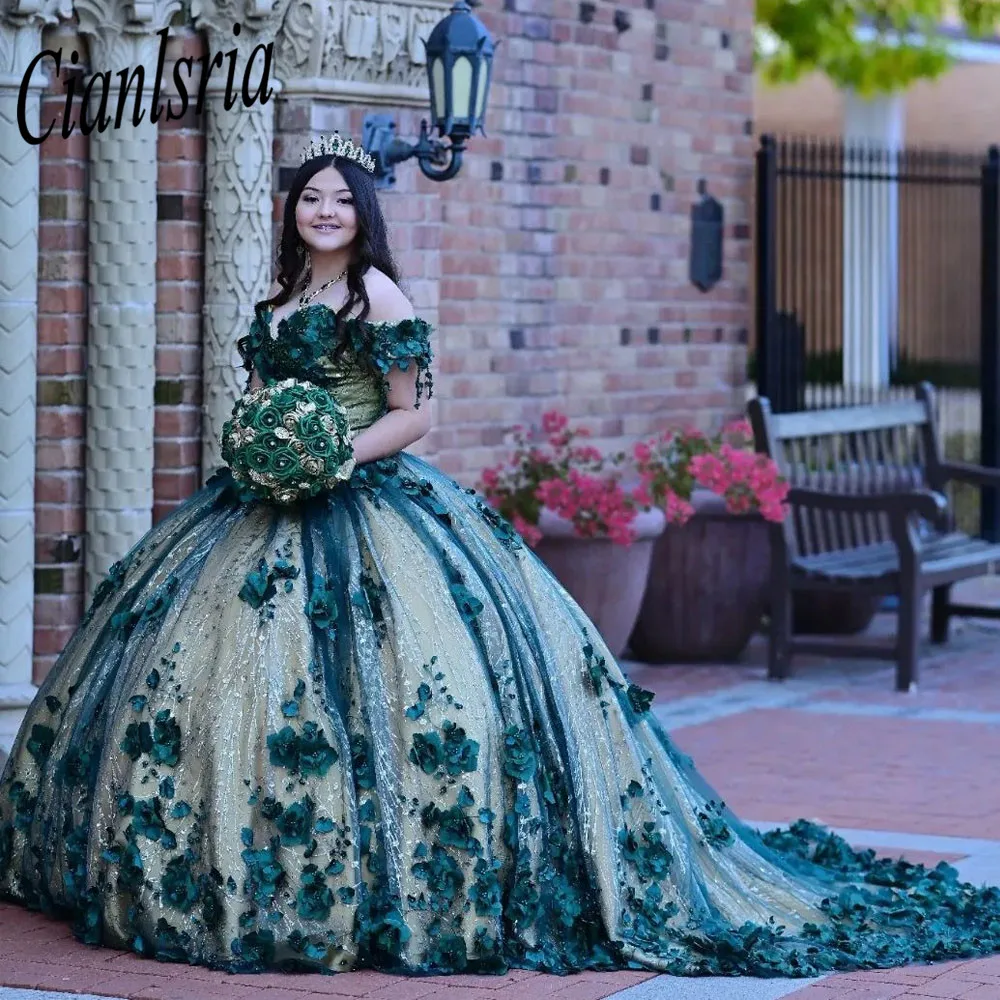 فساتين Quinceanera الخضراء قبالة الكتف مزينة بالخرز حفلة موسيقية فساتين حلوة 16 فستان vestidos de 15 años