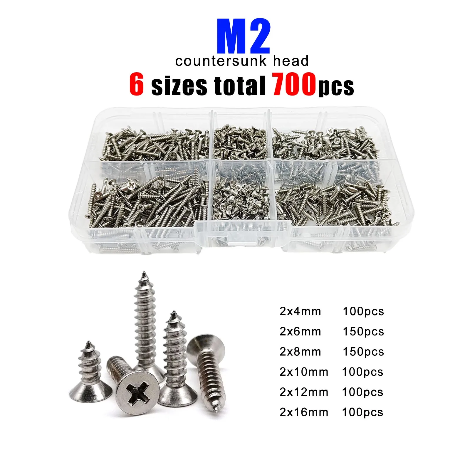 Phillips Flat Countersunk Round Pan Head Self Tapping Wood Screw Mix 6 Sizes M2 M3 Assortment Set Kit 304 A2-70 Stainless Steel