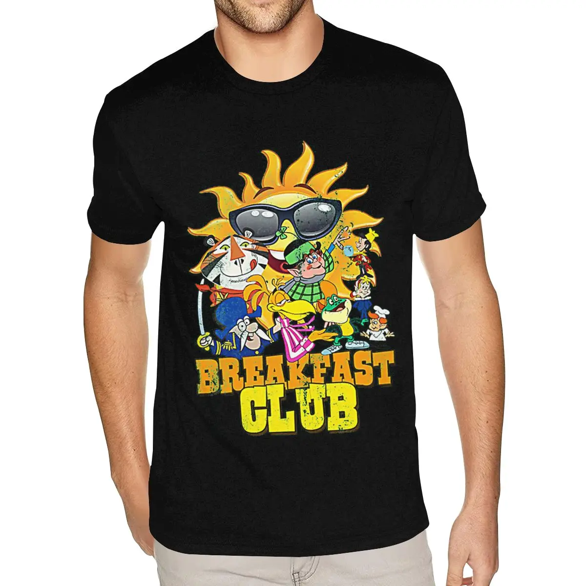 Breakfast Club, Cereal Mascots Of Yesteryear Tee Shirts Men's XXXL Short Sleeved Soft Cotton Black Crew T Shirts