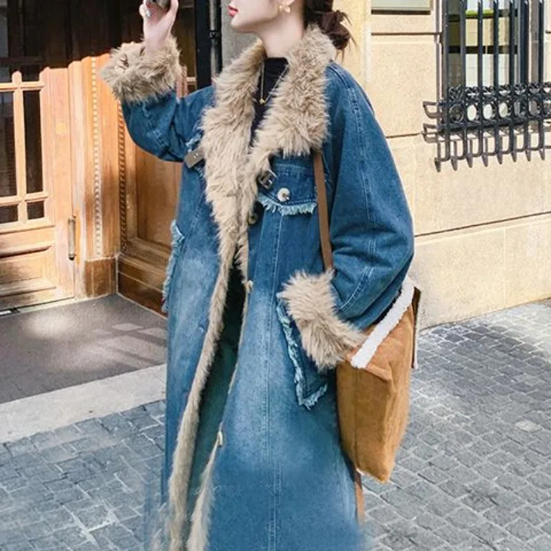 Women's Lamb's Wool Patchwork Cowboys Cotton Coat Jacket Winter New Long Overcoat Coat Comfort  Fashion Winter Coat Women