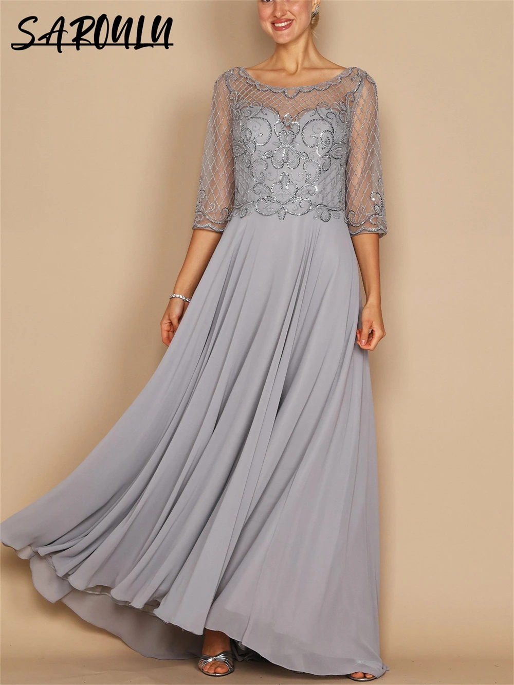 

Grey Plus Size Mother Of The Bride Dresses Custom Made Three Quarter Sleeve Wedding Guest Dress Chiffon Lace Sequined