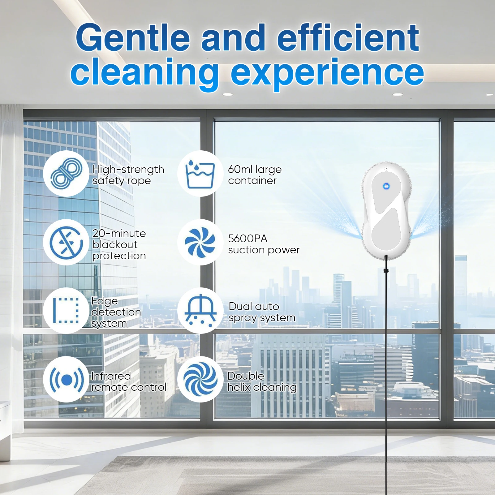 5600Pa Fensterputzroboter mit Fernbedienung und Sicherheitsleine – 60ml Tank Haushaltsgerät Elektrischer Glasreiniger zum Fensterputzen – Detail 4