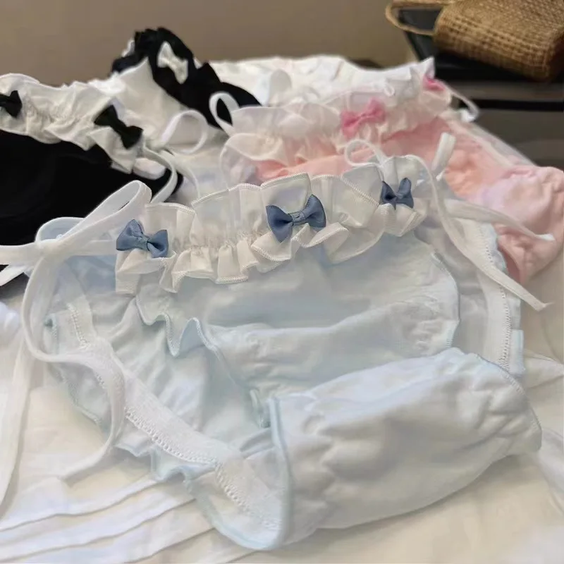 Three Bowknots Ruffled Triangle Panties with No -Take - off Feature in Anime - themed Maid Uniform Style and Bowknot Lacing 3pcs