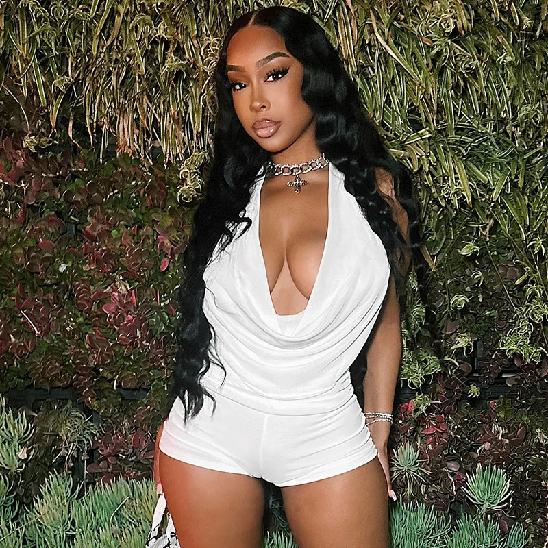 New Women Sexy Backless Solid Color Swing Collar Hanging Neck Lace-up Sleeveless Summer Short Tops Slim Shorts Two-piece Set