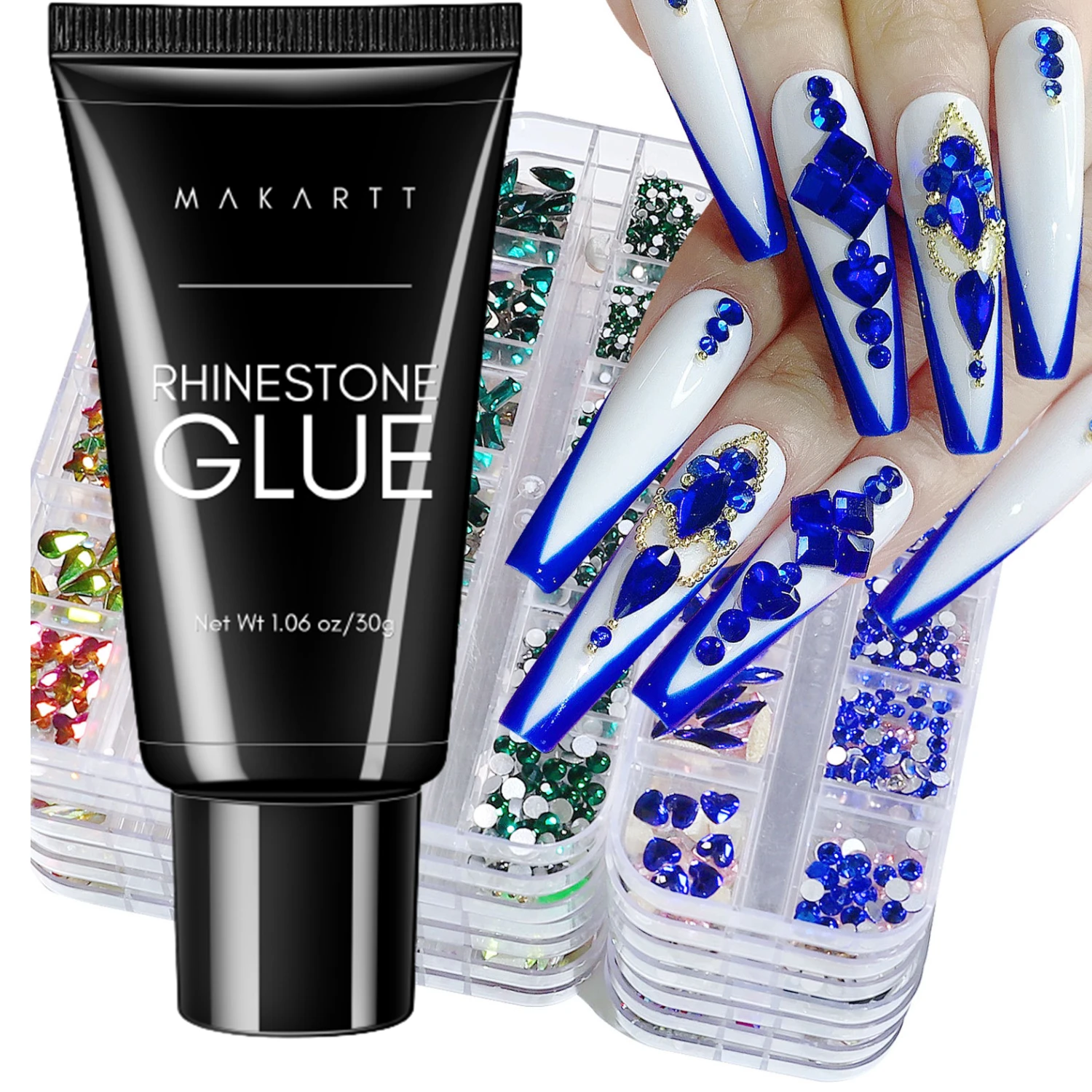 30g Makartt Rhinestone Glue with Royal Blue Glass Crystal Kit  for Shine Nail Art Manicure Makeup DIY Decoration Gem Jewelry