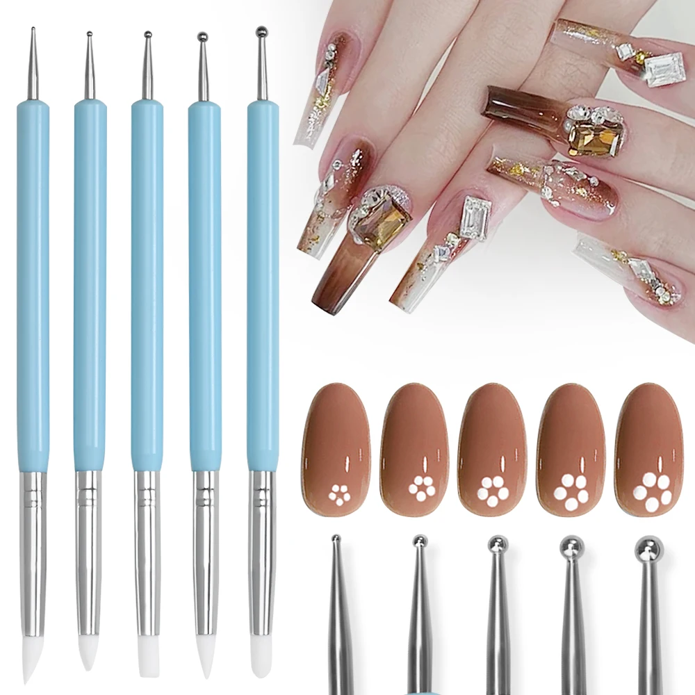 5 pcs/Set Soft Pottery Clay Nail Dotting Tools Silicone & Stainless Steel Two Head Sculpting Polymer Modelling Shaper Rhinestone