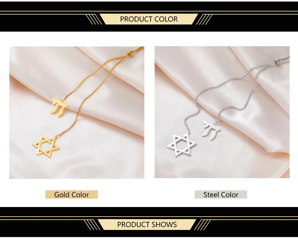 Dawapara Davidstern und jüdischer hebräischer Chai-Anhänger, lange Halskette, Pulloverkette, Hexagramm, Judentum, Edelstahlschmuck – Detail 5