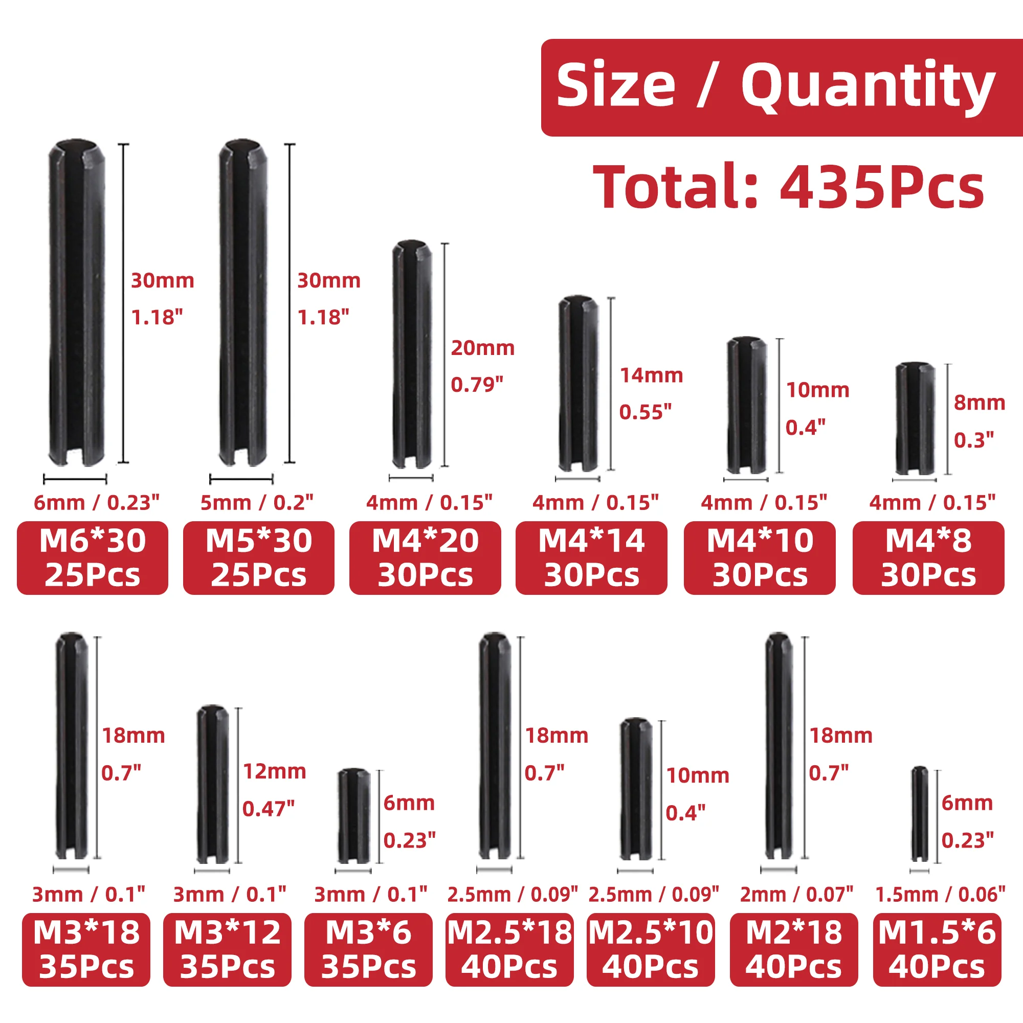 435pcs/385pcs Slotted Spring Dowel Tension Roll Pins Assortment Kit M1.5 M2 M2.5 M3 M4 M5 M6 pring-Type Straight Pins
