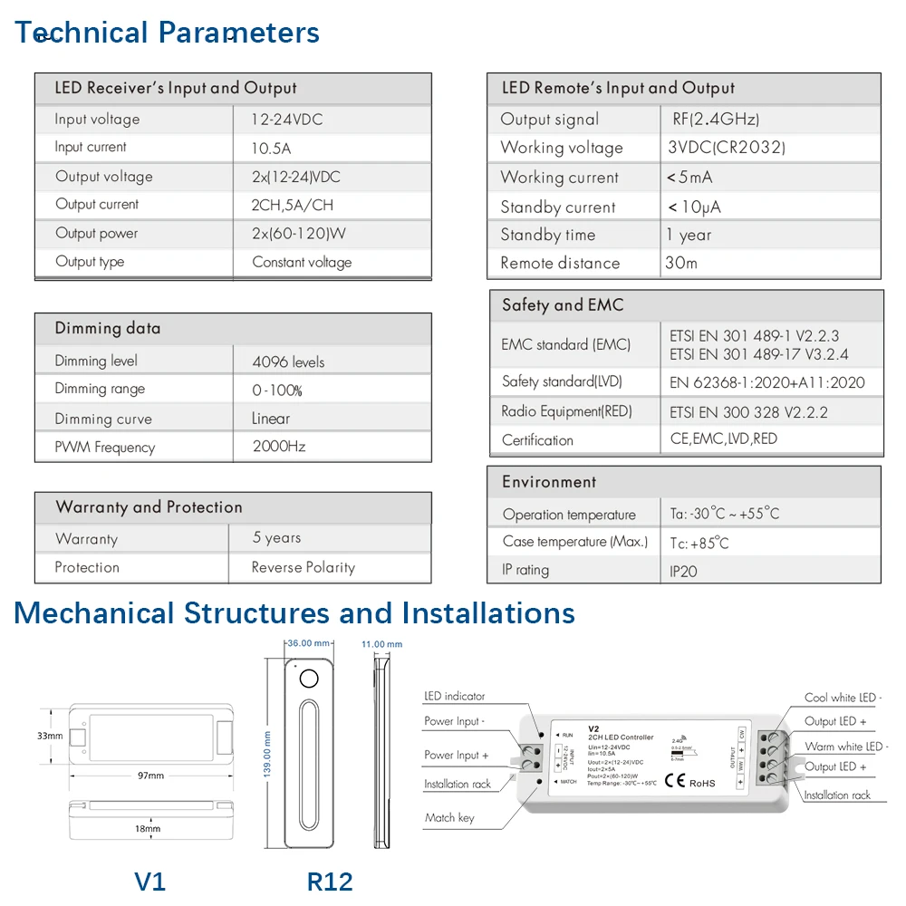 WW CW LED Controller 12V 24V 10A 2CH 2.4G Single Color CCT Light Strip LED Dimmer Controller RF Wireless Remote with Holder V2