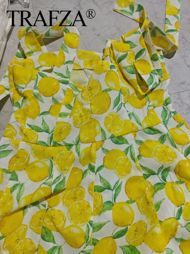 TRAFZA 2024 Women Chic Yellow Lemon Printed Mini Dress Summer Woman With Zipper Bow Sleeveless Strapless A Line Vestido TRAF