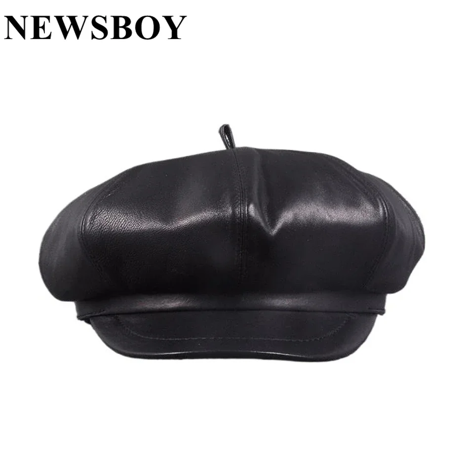 

NEWSBOY Leather Caps Winter Berets Women Black Real Sheepskin Octagonal Hat Ladies Genuine Leather Autumn Classic Painter Caps