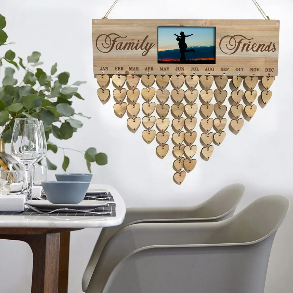

Wooden Calendar Hanging Board DIY Birthday Reminder Planner Heart Shape Tags Photo Frame Message Board Home Decor Gifts