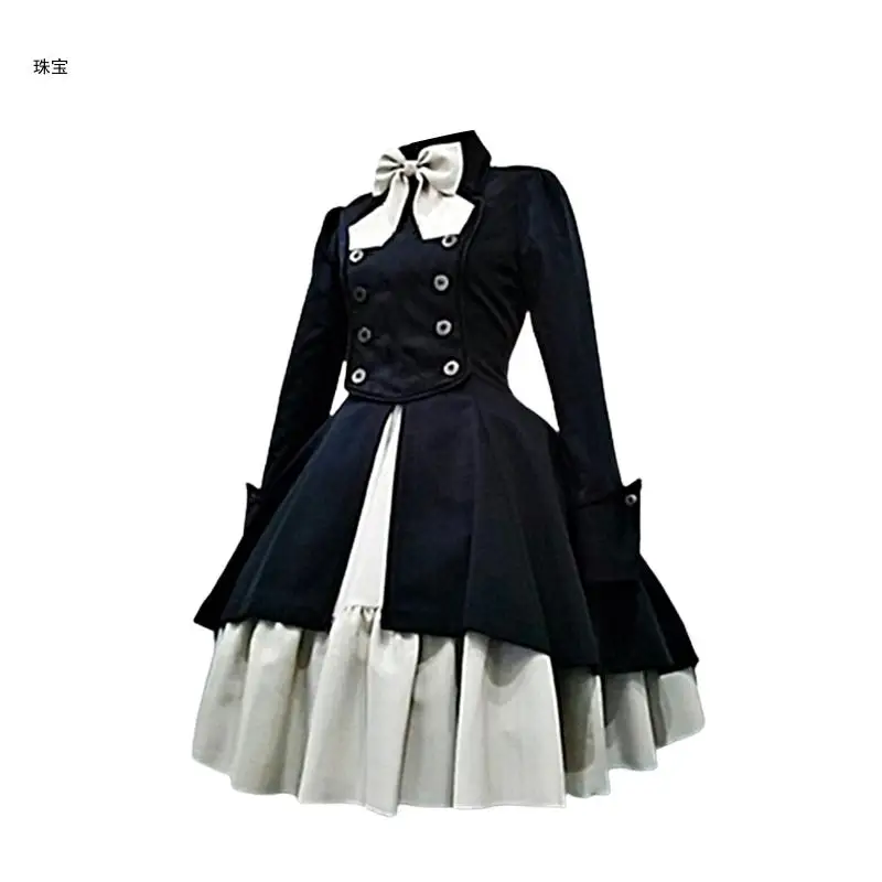 

X5QE Women Vintage Medieval Long Sleeve Ruffle Dress Gothic Anime Bowtie Layered Maid Cosplay Costume