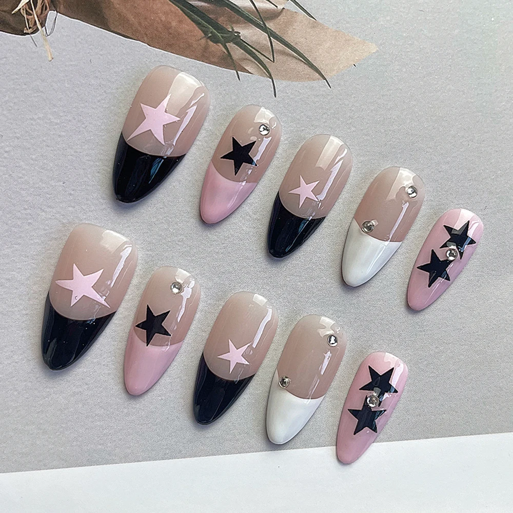 Spice Girl Black Pink Handmade Fake Nails French Style Almond Five Pointed Star Diamond Wearable Manicure Pink Crystal Ring Set