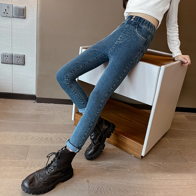 Girl Winter High Waist Insulate Skinny Jeans For Kids Black Blue Thermal Close-fitting Denim Pants Child Leggings Jeans Trousers