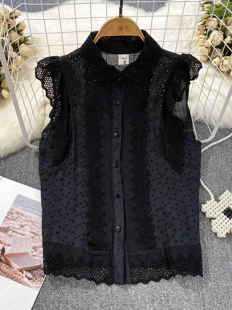 Water Soluble Lace Blusas Femme Patchwork Hollowed-Out Embroidery Sleeveless Shirts Single Breasted Loose Cotton Blouses