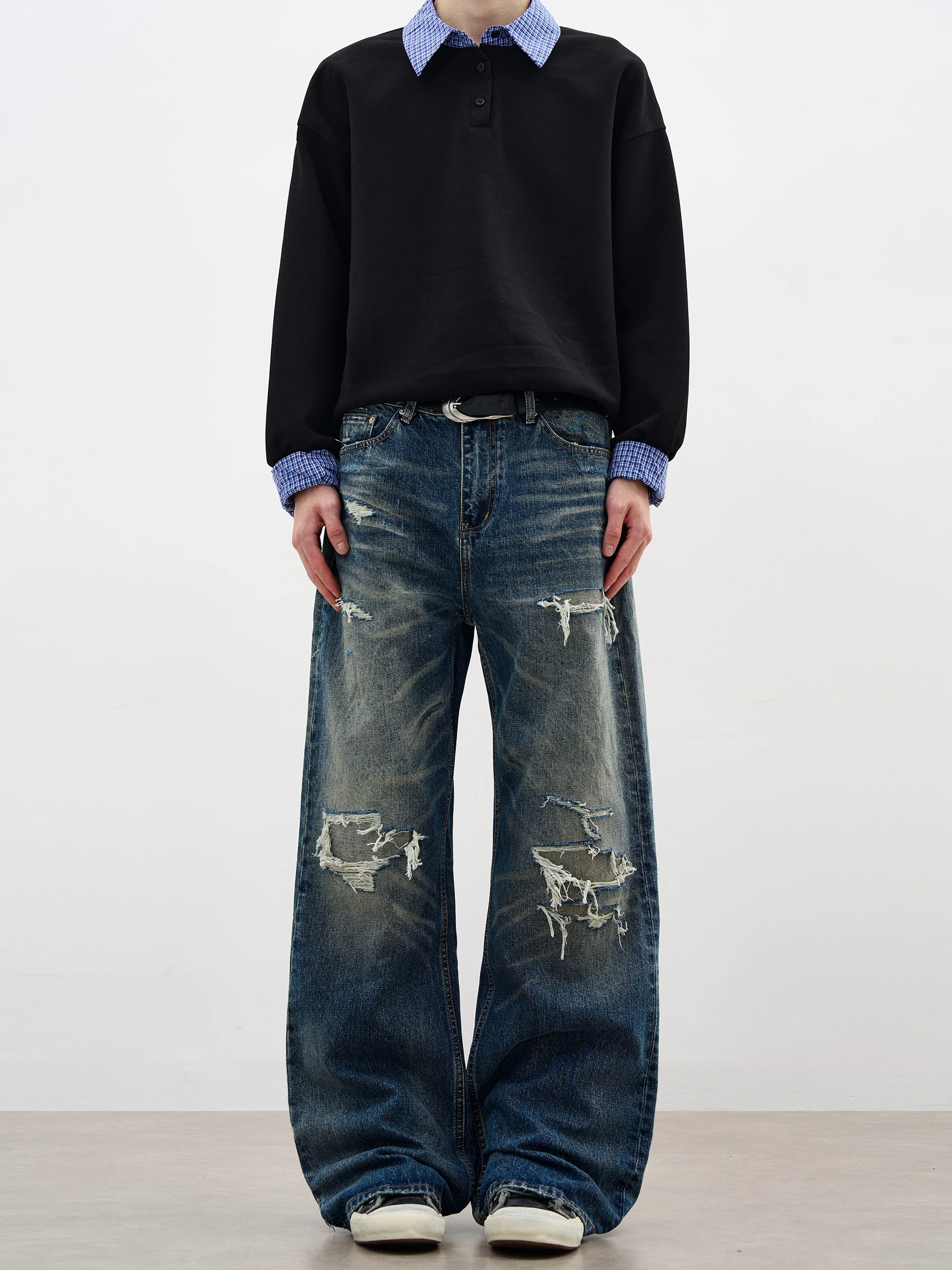 

Retro American Distred Denim Jeans Men's Women's Clean Fit Water Wa Whisker Straight Leg Casual Pants