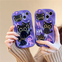 For VIVO Y53S Y22 Y21 Y36 Y26 Y38 Y28 Y17S Y19S Y03 Y33S V25 V27E V29E Cute Dark Cat Grip Tok Holder Wave TPU Soft Phone Case