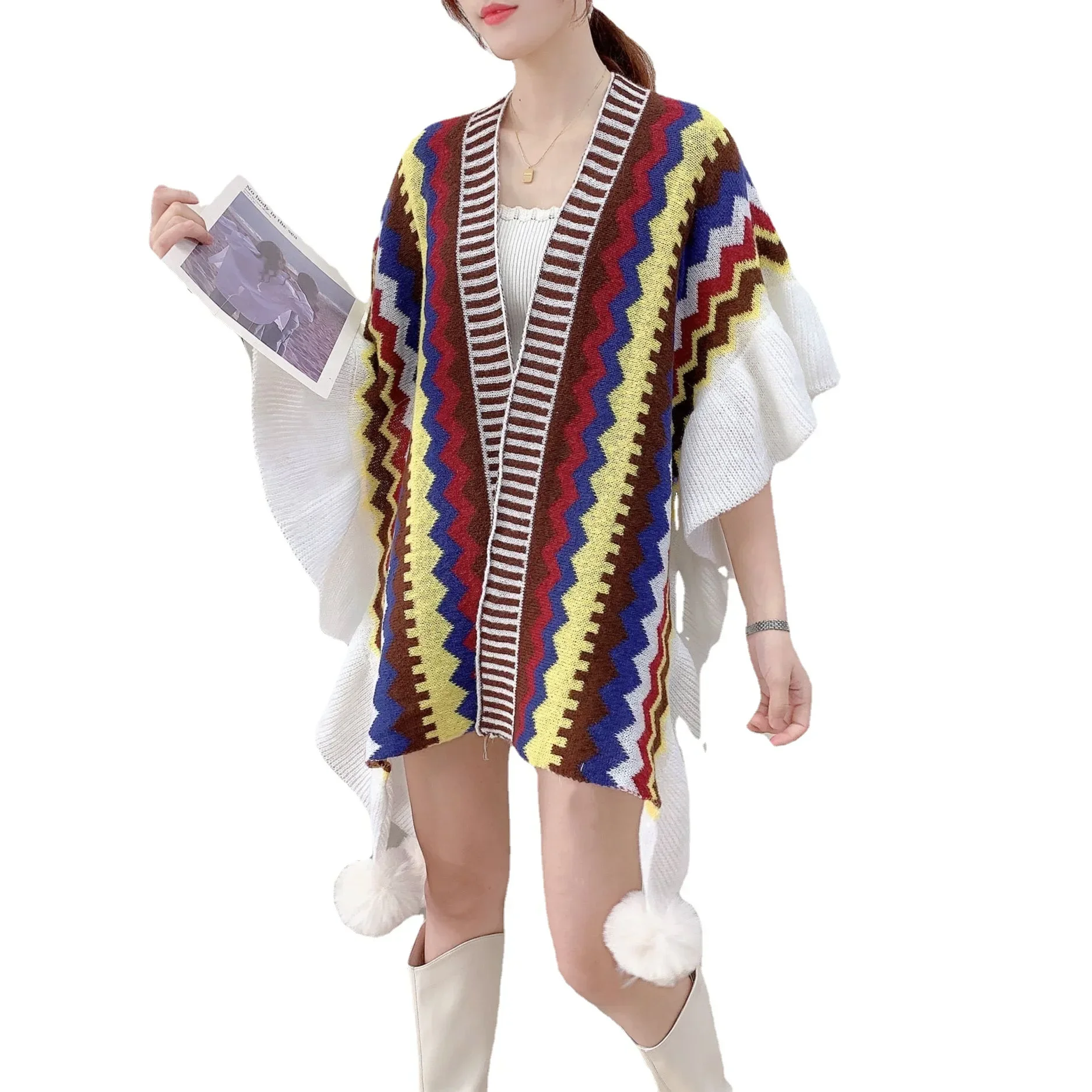 Capes Cloaks Poncho Type With Split and Sweet Shawl Women Wear Ruffles  Spring and Autumn 2025 New Lady Knitted Cape Cardigan P6