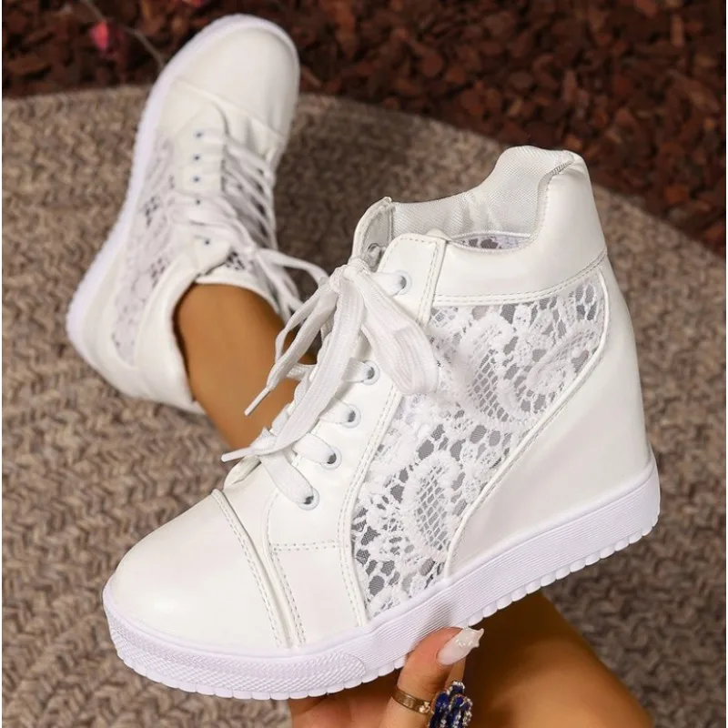 2026 New Women Wedge Platform Sneakers Rubber Leather High Heels Lace Up Shoes Height Increasing White Thick Bottom