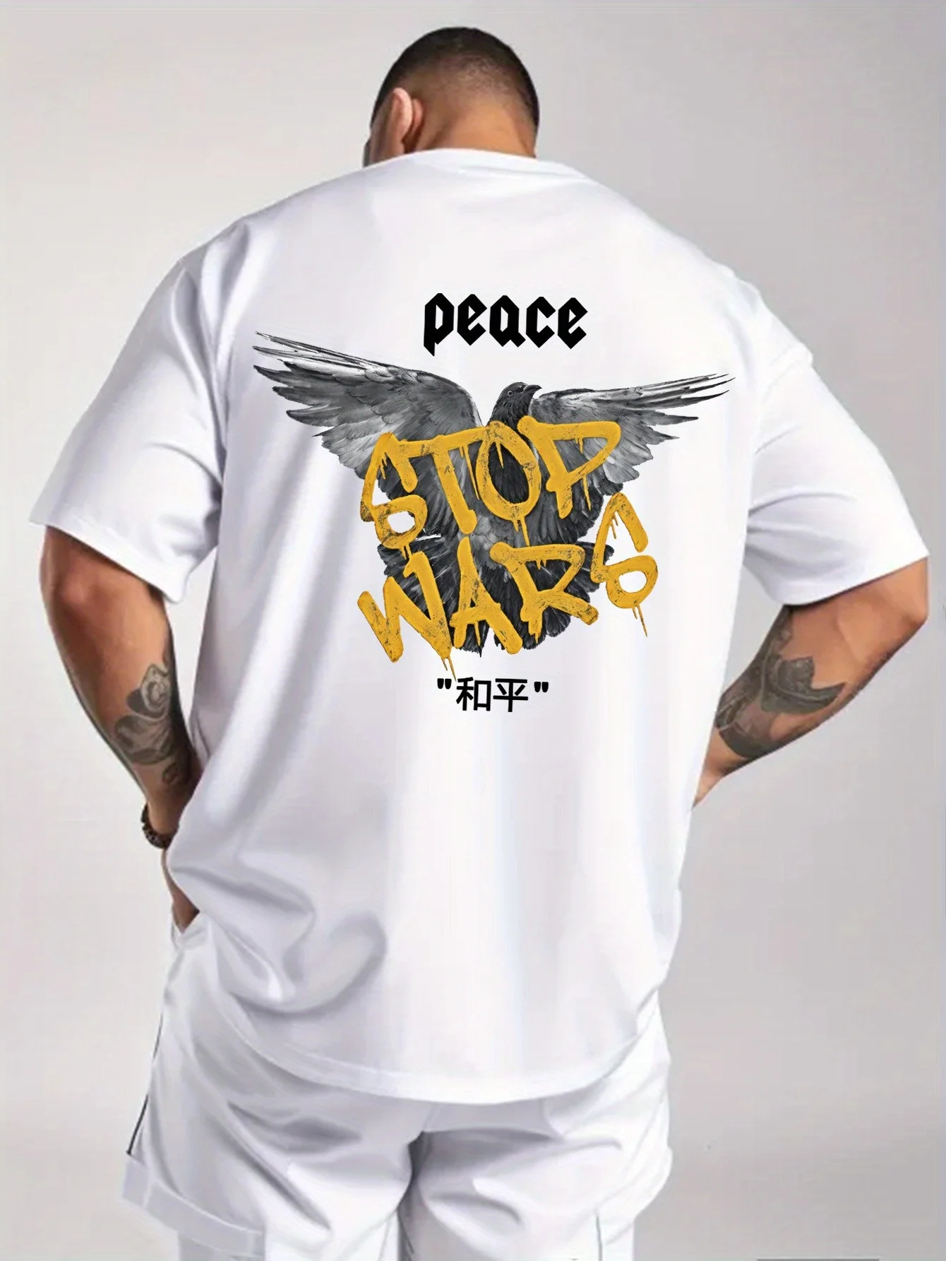 

Men's "Peace, Stop War" pattern T-shirt - Casual black crew neck with winged pigeon print, short sleeves, polyester blend