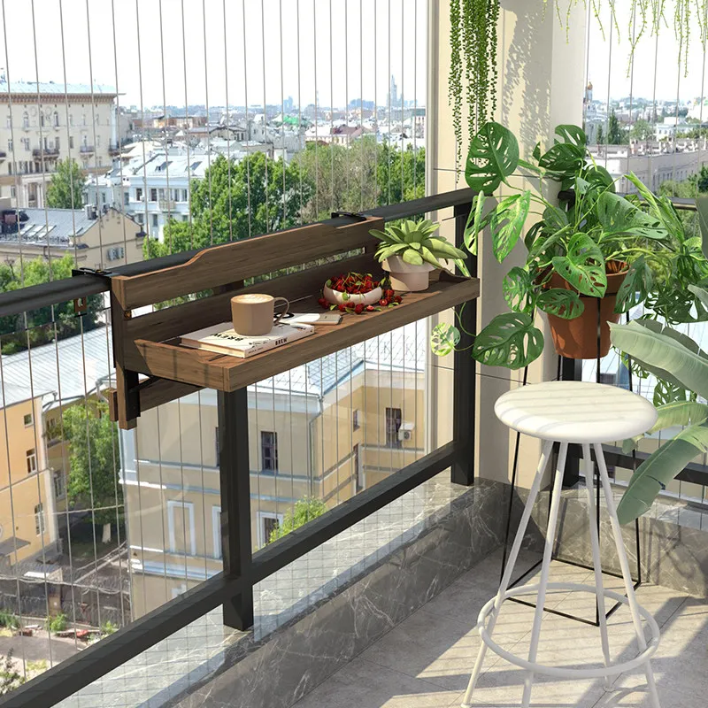 Solid wood balcony railing hanging preservative wood leisure bar creative small apartment foldable window sill guardrail table