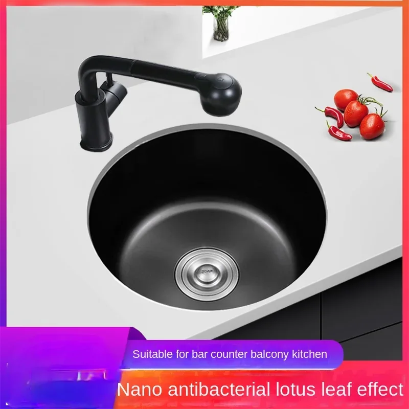 Black Nano round Mini Small Sized Sink Single Sink 304 Stainless Steel Bar Counter Balcony Kitchen