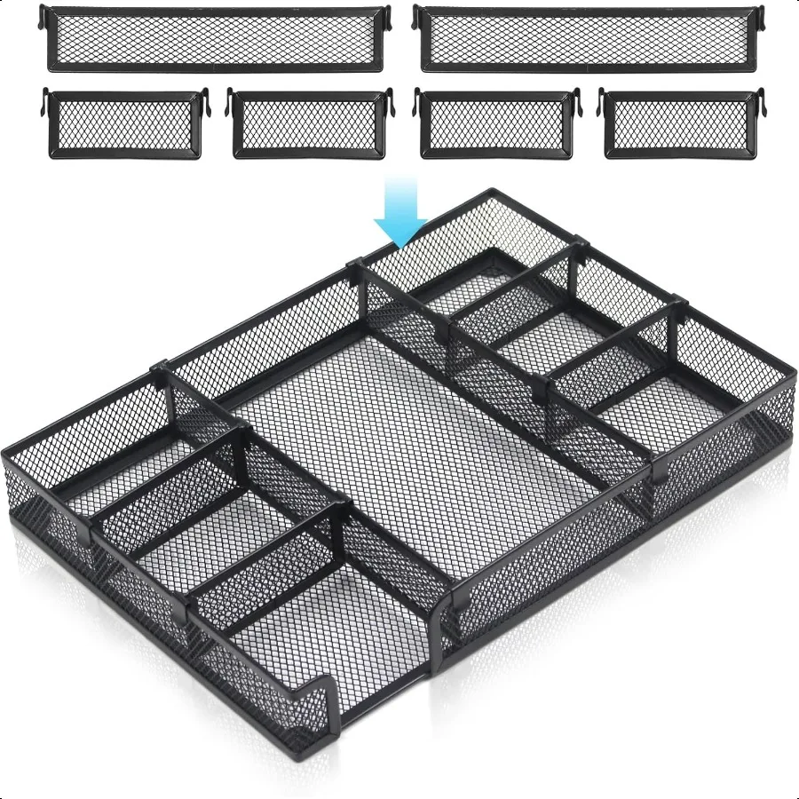 

Desk Drawer Organizer Office Desk Organizer Tray with 7 Adjustable Compartments Metal Mesh Desktop Organizers Desk Drawer Organ