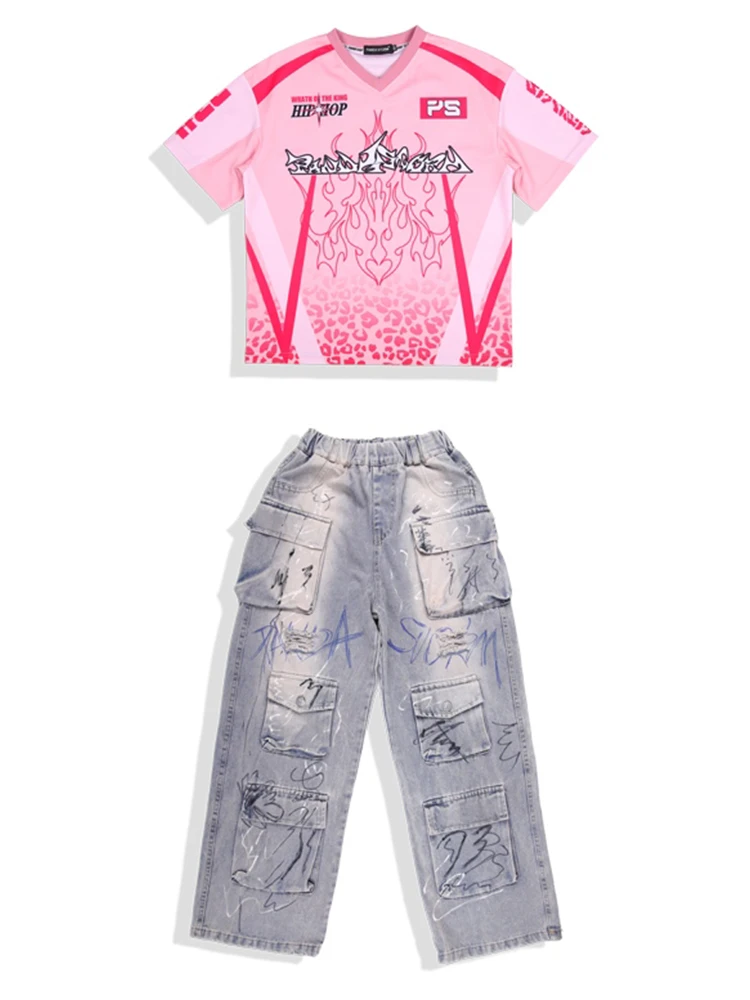 ชุดเต้นฮิปฮอปสำหรับเด็กเสื้อยืดสีชมพูแฟชั่นฮิปฮอปกางเกงสำหรับเด็กผู้หญิงเด็กผู้ชายเสื้อผ้าสำหรับการแสดงสไตล์สตรีทแดนซ์ชุด BL13194