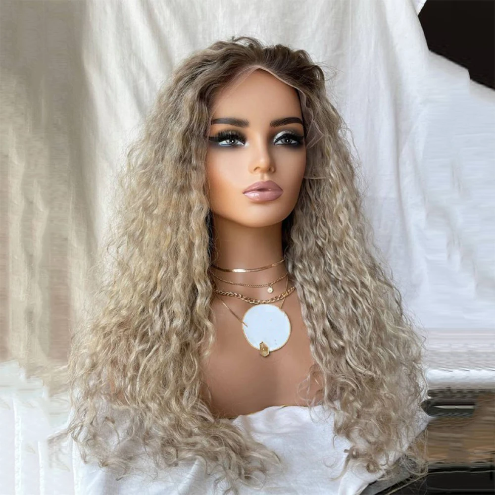 

28" Creamy Ash Blonde Lace Front Wig 200% Density Thick Curly Wigs Dark Root Virgin Human Hair Ombre Full Lace Wigs Pre Plucked