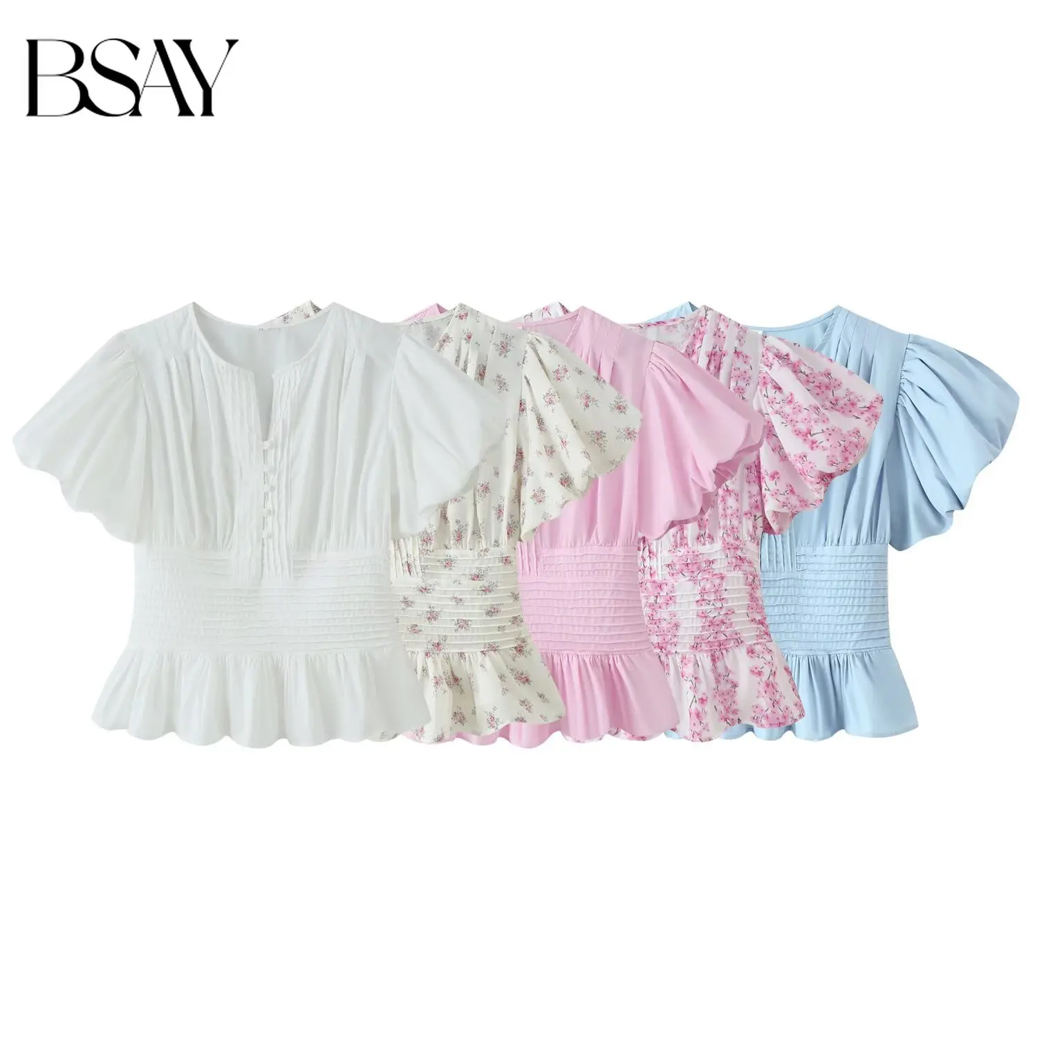 BSAY Sommermode Damen V-Ausschnitt Puffärmel Geraffte Taille Peplum-Bluse Einfarbig Blumendruck Rüschensaum Cropped Shirt Top