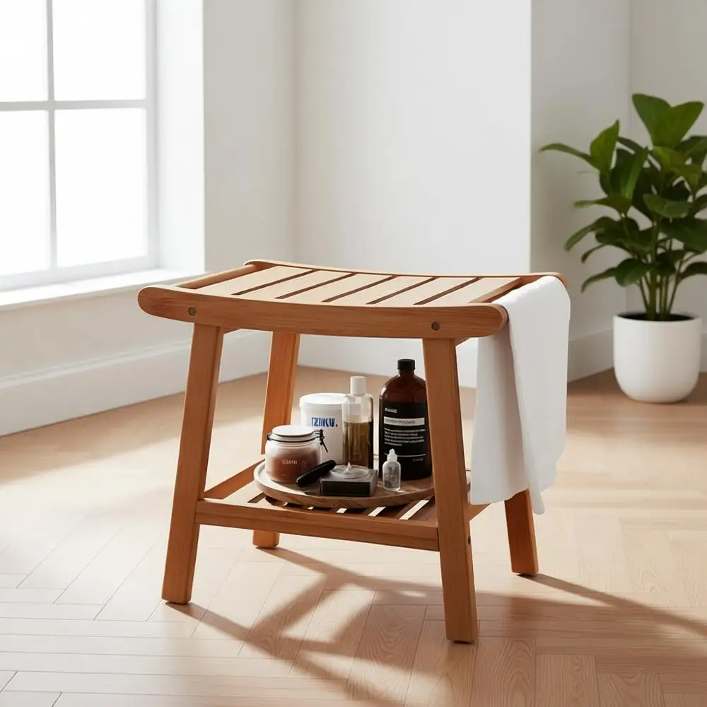 

Shower Bench with Waterproof Seat and Storage for Seniors and Disabled Individuals
