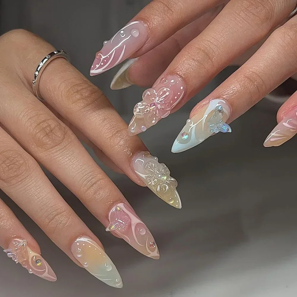 24szt Summer Fake Nails Press on Almond Wearable 3D Butterfly Flower Short Almond False Nails Smudging Bubble Bead Fałszywe paznokcie