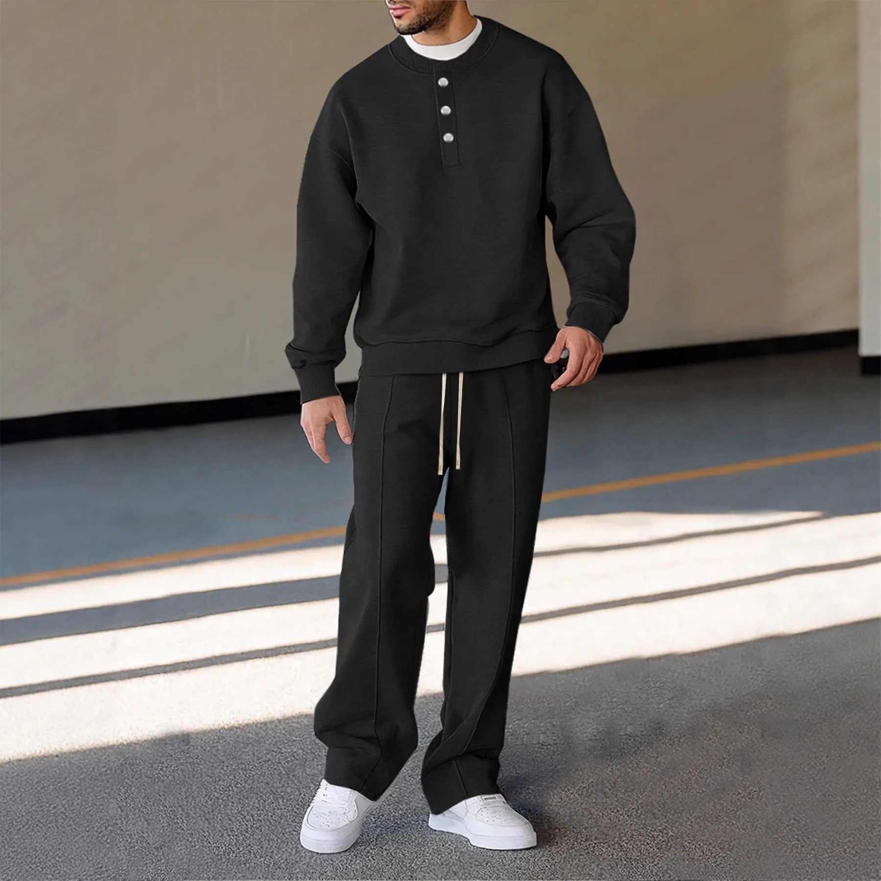 American Style Men's Autumn Winter Cotton Knitted Loose Sportswear Set Comfortable Long Pants Casual Round Neck Sweatshirt