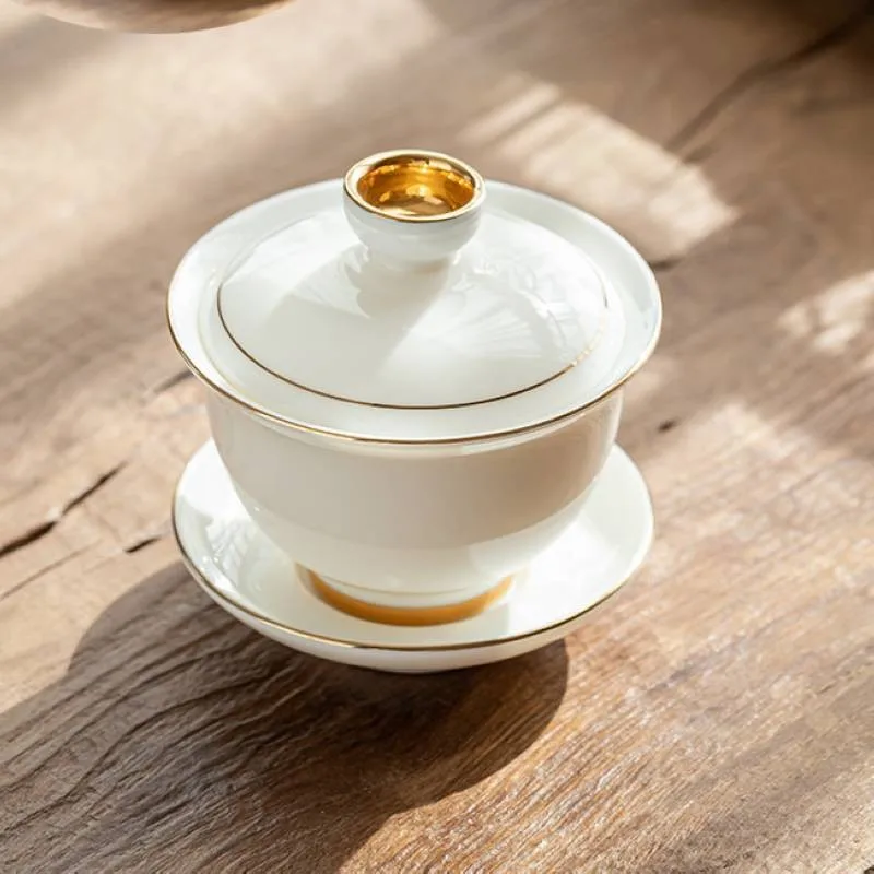 Ceramic cover bowl teapot, household Chinese simple suet jade white porcelain