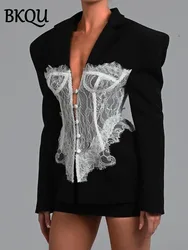 BKQU Lace Spliced Women Blazer 2025 Spring Temperament Elegant V-Neck Single Breasted Slim Patchwork Luxury Suit Jacket Outwear