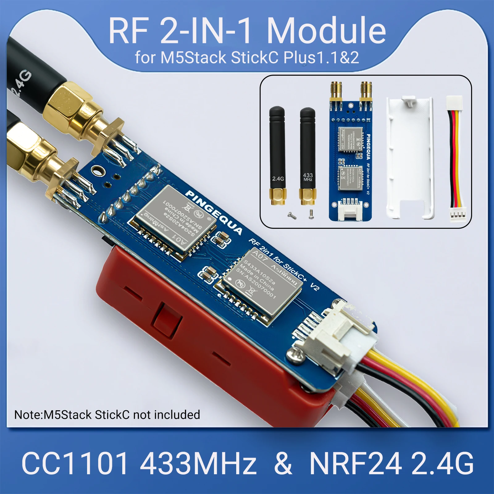 

RF 2-in-1 Module for M5Stack StickCPlus 1.1/2 – Supports NRF24 2.4GHz & CC1101 433MHz, Bruce Firmware, No Device