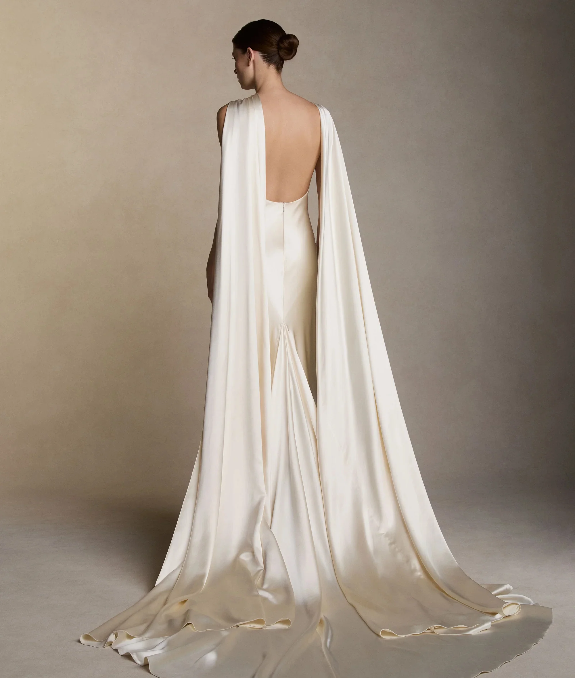 Women Ivory Satin Mermaid Wedding Dress Deep V Back Draped Shawl Design Bridal Gown Long Train Formal Wedding Party Dresses