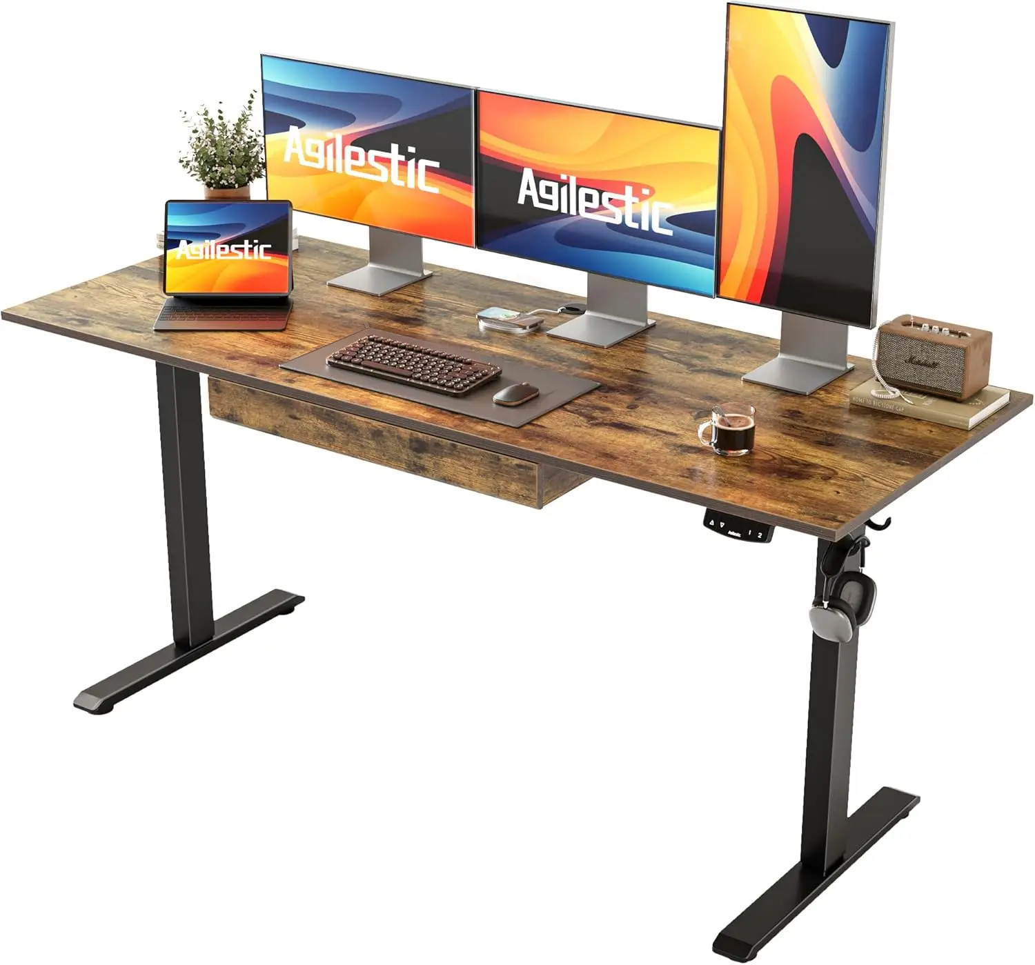 Adjustable Height Electric Standing Desk With Storage Wooden Drawer, 63 X 24 Inches Stand Up Home Office Computer Gaming Table