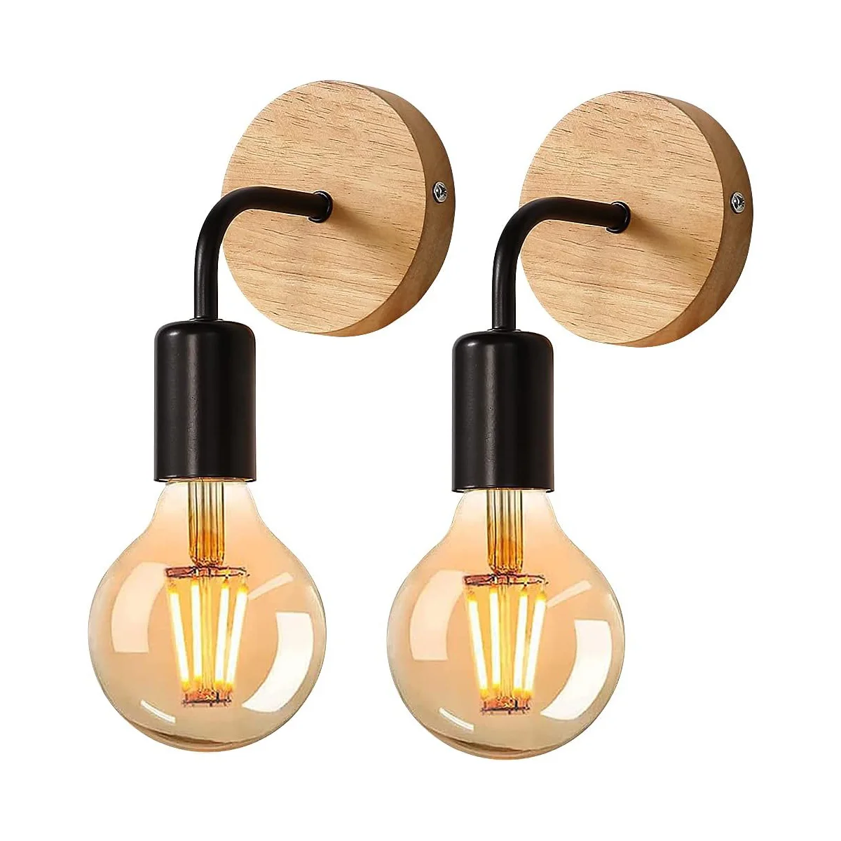 Appliques murales intérieures vintage 2 pièces, applique murale en bois et métal E27 pour chambre à coucher, couloir, cuisine, café, noir [ampoule non incluse