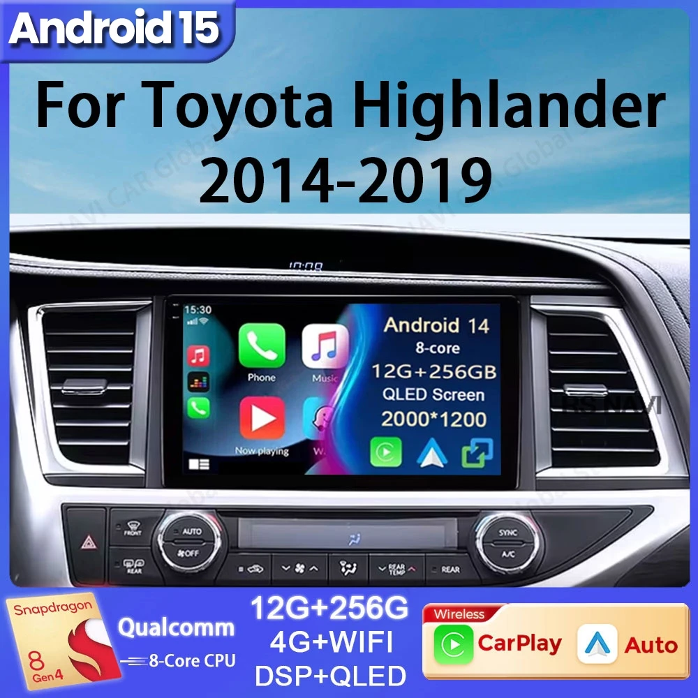 Android 15 For Toyota Highlander Kluger 3 XU50 2013 - 2019 Car Radio Multimedia Video Player GPS Navigation No 2din 5G BT Stereo