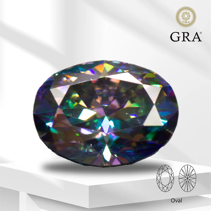 

Moissanite Colored Stone Oval Cut Rainbow Green Color with GRA Report Lab Grown Gemstone Jewelry Making Materials