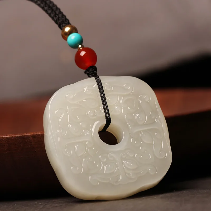 Hetian Square Divine Pendant Necklace Men Women, Jade Amulet And Peace