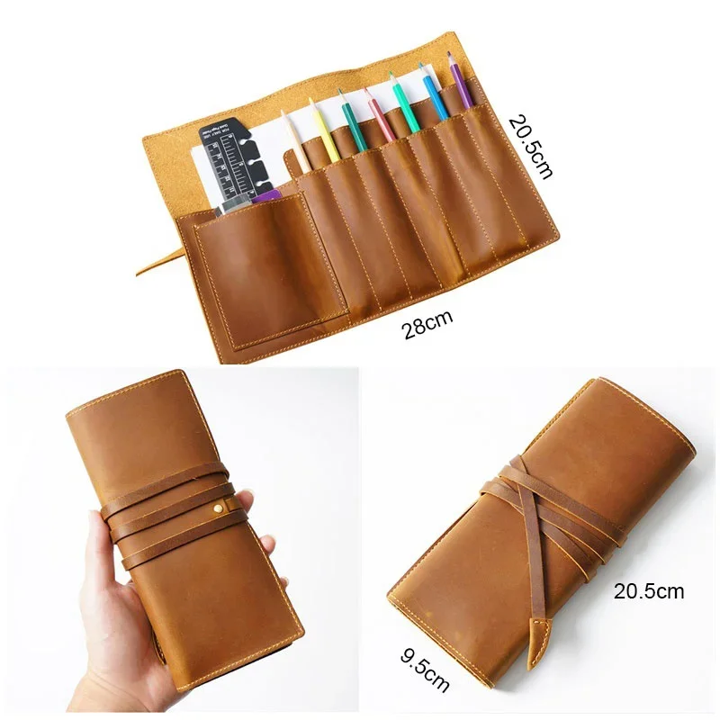 Imagem -02 - Retro Multifuncional Couro Lápis Case Roll-up Pen Bolsa Pen Storage Bolsa Art Stuff Organizer Wrap Dobrável Tool Pouch Box