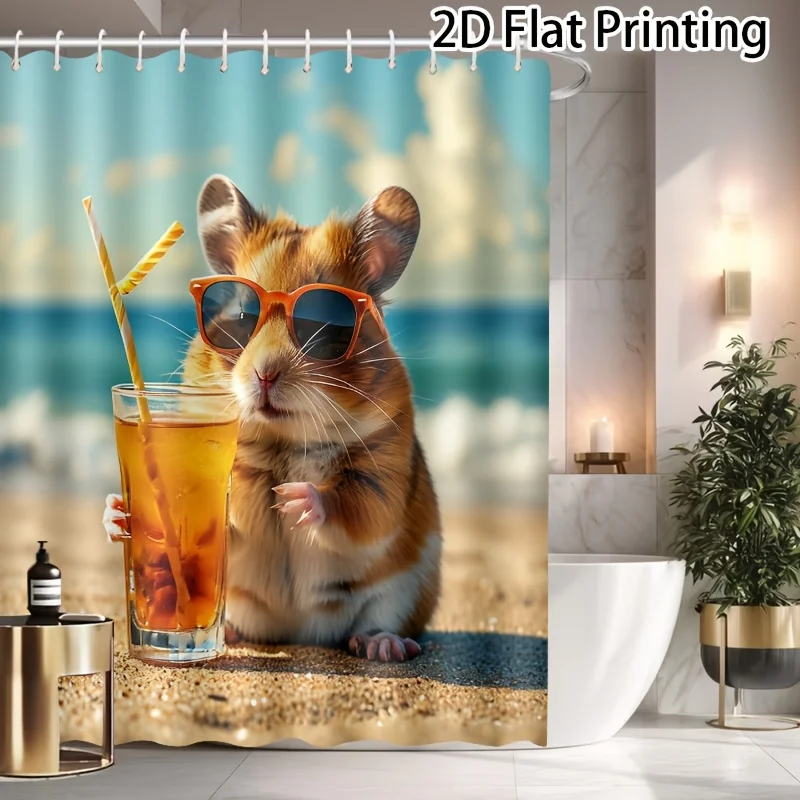 Funny Hamster Sunglasses Shower Curtain, Cute Animal Beach Summer Vibe Waterproof Bath Curtain, Quirky Bathroom Home Decor