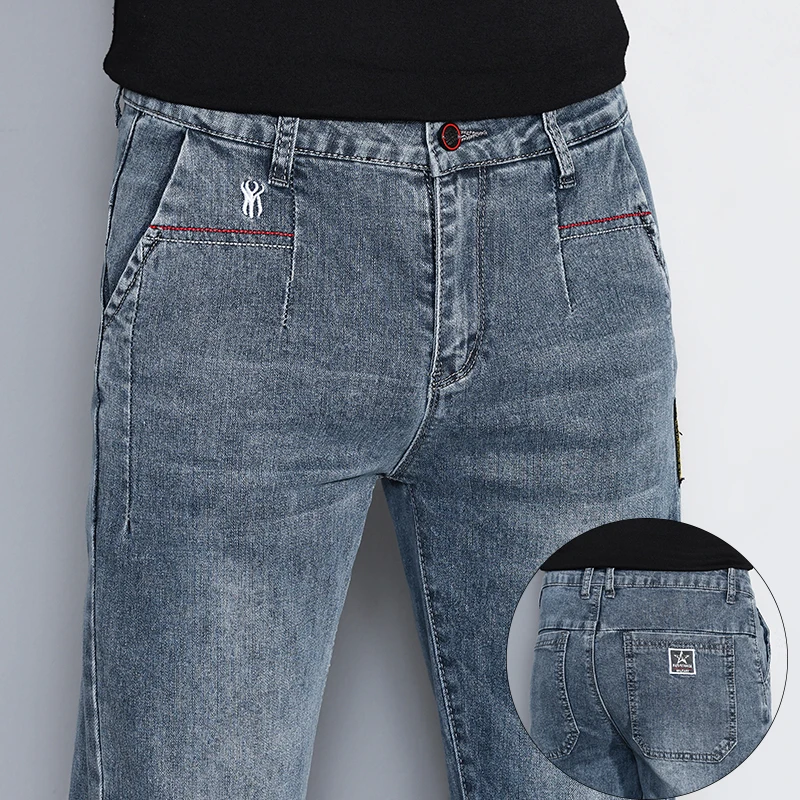 Men Slim Fit Stretch Straight Jeans Vintage Washed Soft Denim Pants Korean Streetwear Versatile Trendy Fashion Male Trousers