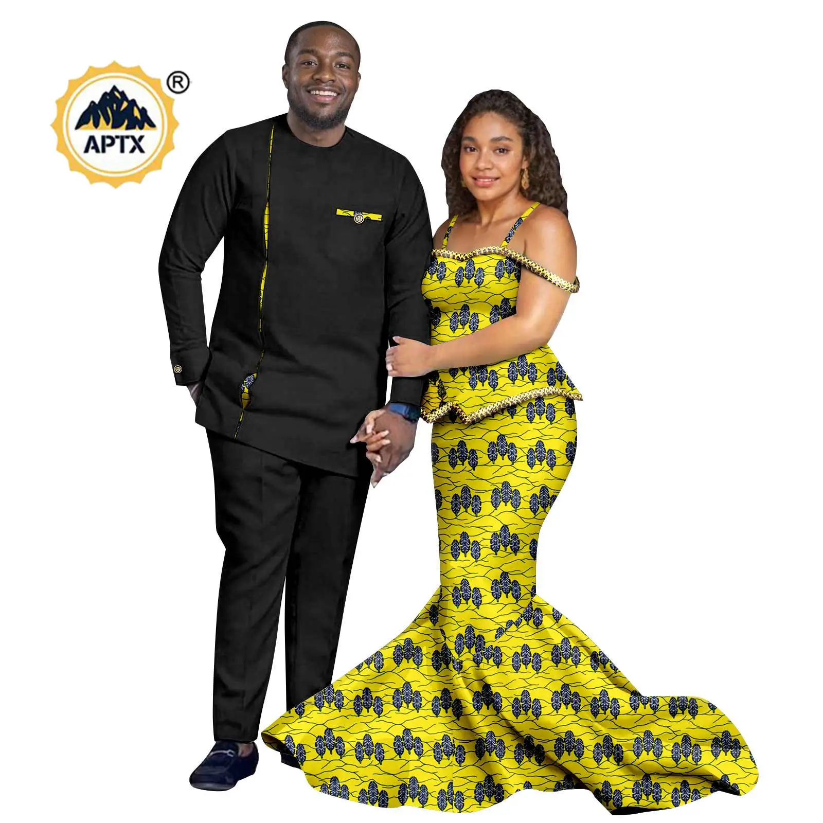 

African Women Clothes Top and Mermaid Skirt Matching Couple Outfits Men Top and Pants Sets Dashiki Party Wedding Outwear 24C077